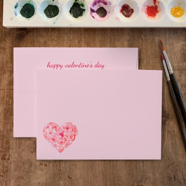 Custom Pink Watercolor Rose Heart Valentine's Day Envelope (Cute pink custom Valentine’s Day envelopes with watercolor roses in heart. 
)