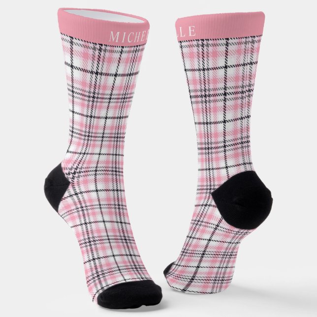 Custom Pink White Black Chequered Pattern Socks (Angled)