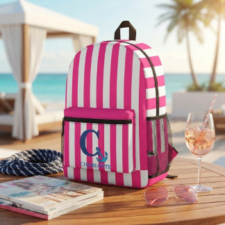 Custom Pink White Striped Nautical Anchor Monogram Printed Backpack