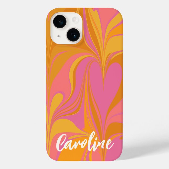 Custom Pink Yellow Abstract Marble Script Name Case-Mate iPhone Case (Back)