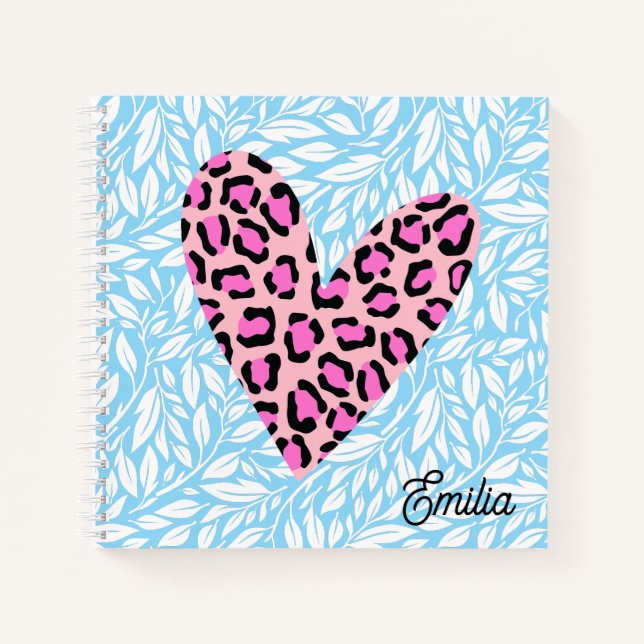 Custom pinky leopard heart Blue leave Chic Notebook (Front)