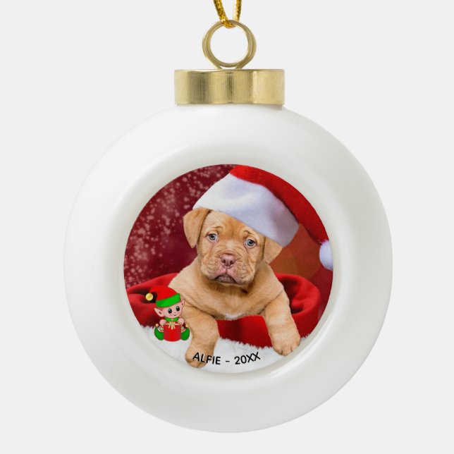 Custom Pitbull Puppy Dog Photo with Cute Elf Ceramic Ball Christmas Ornament (Front)