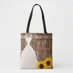Custom PK - Team Bride In Rustic Wood Sunflower Tote Bag