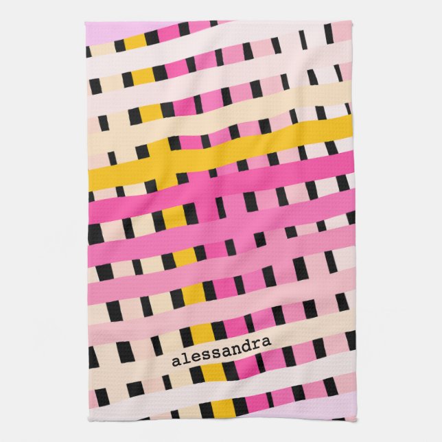 Custom Plaid Gradient Pink Yellow Black Striped  Kitchen Towel (Vertical)