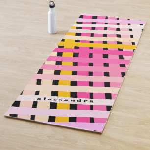 Custom Plaid Gradient Pink Yellow Striped Black Yoga Mat