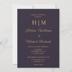 Custom Plain Dark Navy Blue Gold Letter Wedding Invitation