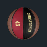 Custom Player Club Team Name Number Monogrammed Mini Basketball<br><div class="desc">Create your own custom, personalized, faux gold elegant stylish typography / script / text / name on black and dark maroon / red background, mini size, hand stitched basketball. Simply enter the player / team / club / school / college / event / tournament name, and player jersey number, to...</div>