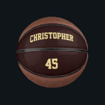 Custom Player Club Team Name Number Monogrammed Mini Basketball<br><div class="desc">Create your own custom, personalized, faux gold elegant stylish typography / script / text / name on dark brown background, mini size, hand stitched basketball. Simply enter the player / team / club / school / college / event / tournament name, and player jersey number, to customize. While you add...</div>