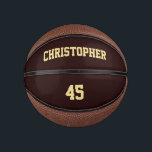Custom Player Club Team Name Number Monogrammed Mini Basketball<br><div class="desc">Create your own custom, personalized, faux gold elegant stylish typography / script / text / name on dark brown background, mini size, hand stitched basketball. Simply enter the player / team / club / school / college / event / tournament name, and player jersey number, to customize. While you add...</div>