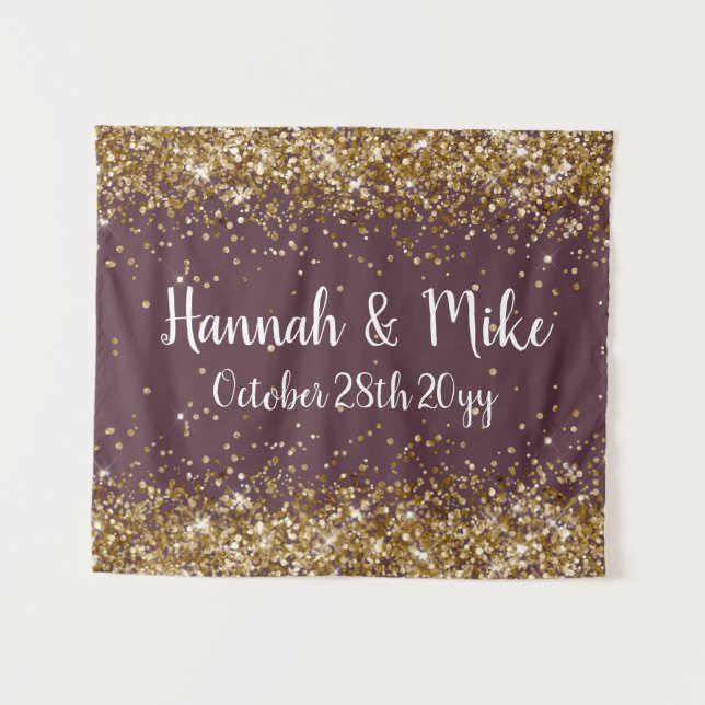Custom Plum Purple Gold Wedding Photo Booth Prop Tapestry (Front (Horizontal))