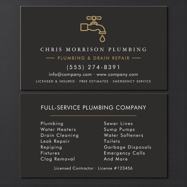 Custom Plumber Dark Elegant Black & Gold  Business Card (Creator Uploaded)