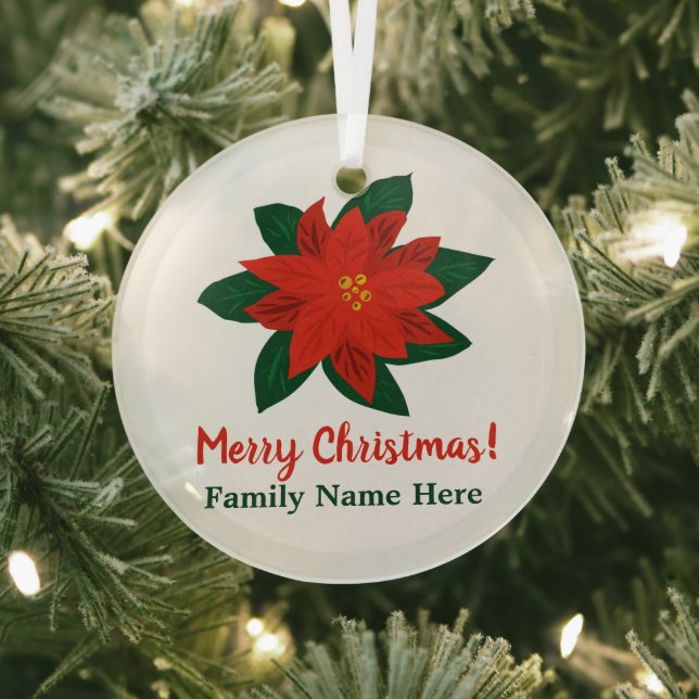 Custom poinsettia flower Merry Christmas tree Glass Ornament (Insitu)