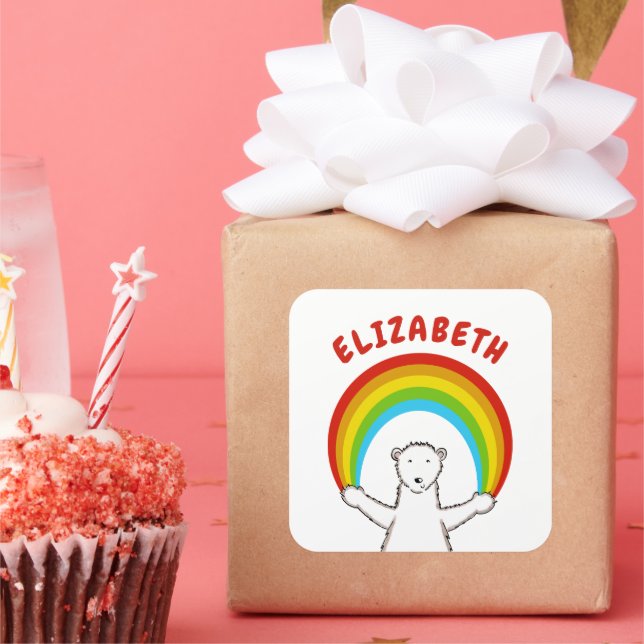 Custom Polar Bear & Rainbow  Square Sticker (Party)
