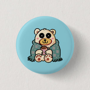 Custom Polar Bear with Coffee   Cute Winter Art 1 Inch Round Button