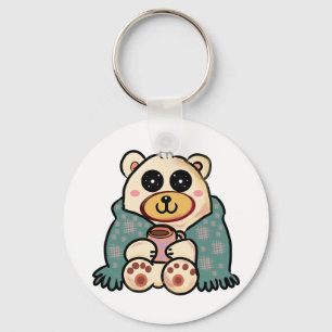 Custom Polar Bear with Coffee   Cute Winter Art Keychain