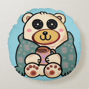 Custom Polar Bear with Coffee   Cute Winter Art Round Pillow