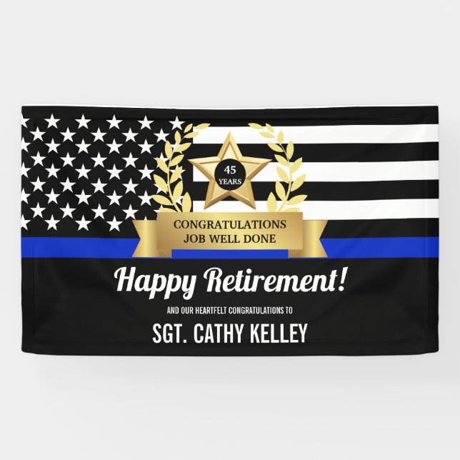Custom Police Flag Thin Blue Line Happy Retirement Banner (Horizontal)