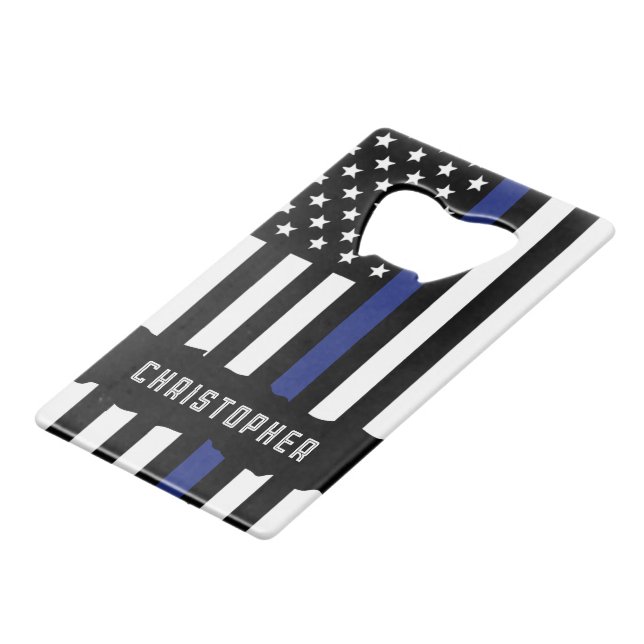 Custom Police Officer Thin Blue Line Police Credit Card Bottle Opener (Back Angled)