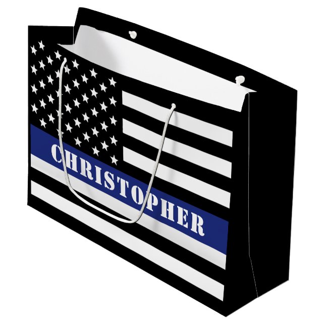 Custom Police Officer Thin Blue Line Police Dept. Large Gift Bag (Front Angled)