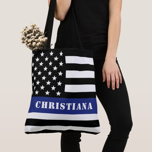 Custom Police Officer Thin Blue Line Police Dept. Tote Bag (Close Up)