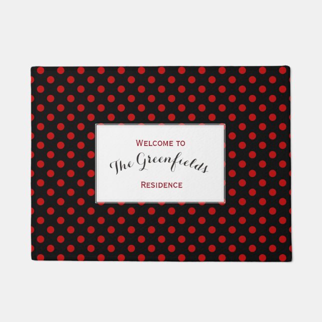 Custom Polka Dot Red Black Background Doormat (Front)