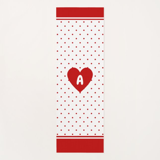 Custom Polka Dot Red White Background Monogram Yoga Mat (Front)
