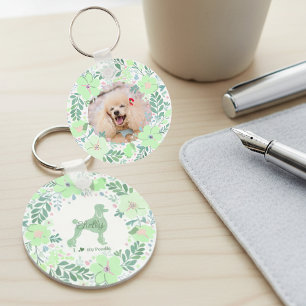 Custom Poodle Photo with Mint Green Floral Wreath Keychain