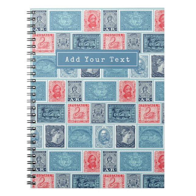 Custom Postal Stamps Blue Red Vintage Pattern Notebook (Front)