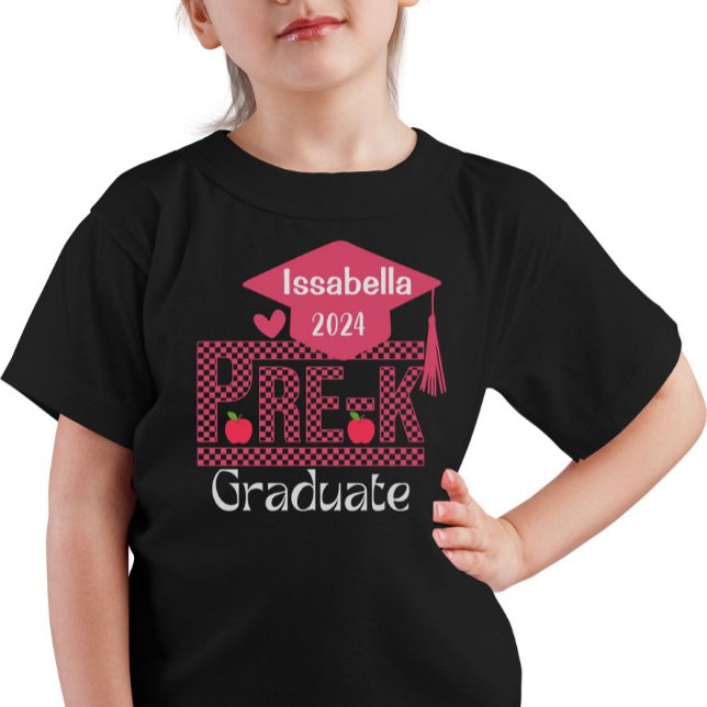 Custom Pre-K Grad Chekered and Cap for Girls Pink T-Shirt (Creator Uploaded)