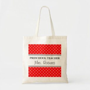 Custom pre school teacher tote bag   Red polka dot