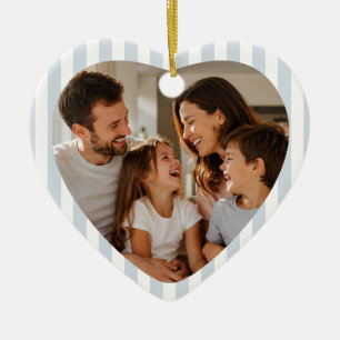 Custom Preppy Blue Striped Family Photo Heart Ceramic Ornament