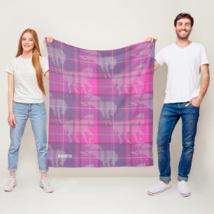Custom preppy pink purple horse tartan heart fleece blanket