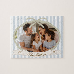 Custom Preppy Striped Family Photo, Name & Year Jigsaw Puzzle