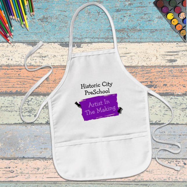 Custom Preschool Fun Purple Scrap Paper Art Kids Apron (Personalize this fun apron as a gift for  someone special or as a childcare business accessory.)