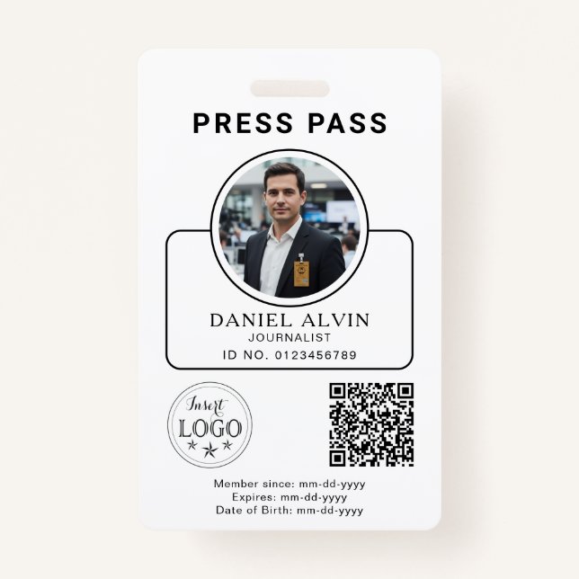 Custom Press Pass with Your Photo ID and QR Code Badge (Front)