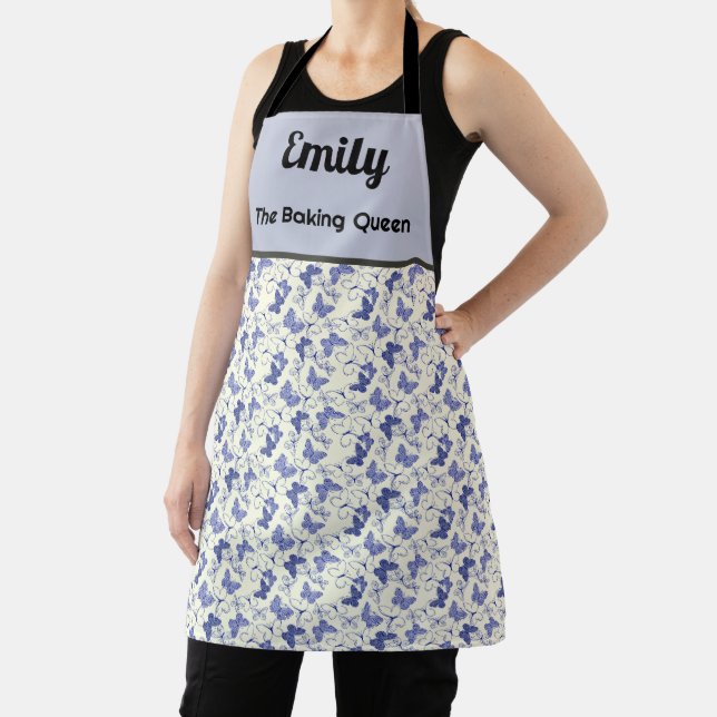 Custom pretty blue and white butterfly apron (Insitu)