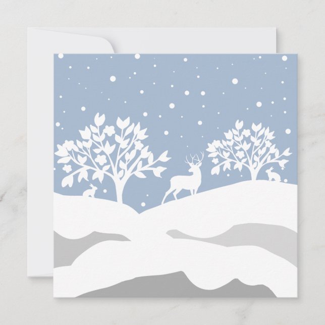 Custom Pretty Blue Winter Deer Hare Tree Scene Holiday Card (Front)