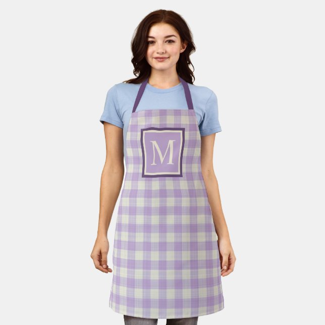 Custom Pretty Lavender Violet Purple Ivory Gingham Apron (Worn)