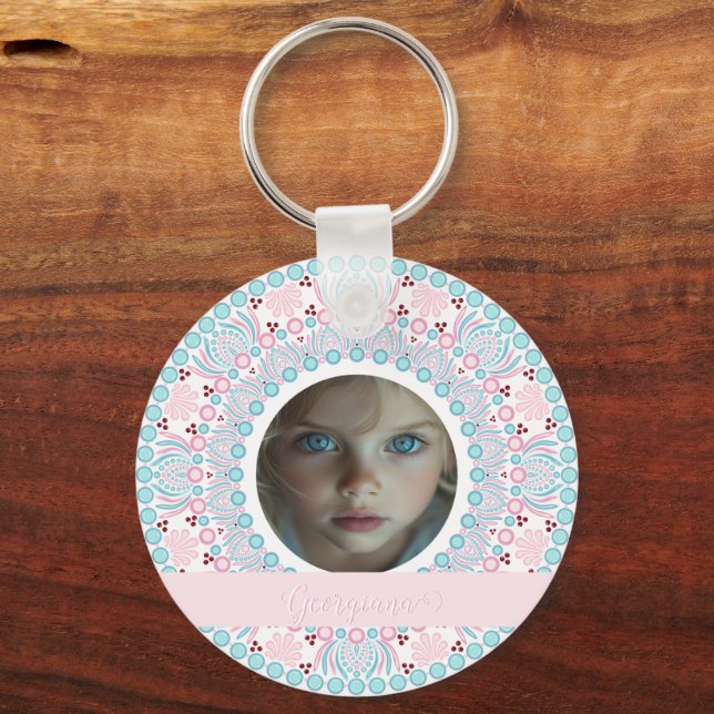 Custom Pretty Pastel Pink and Blue Mandala Frame Keychain (Front)