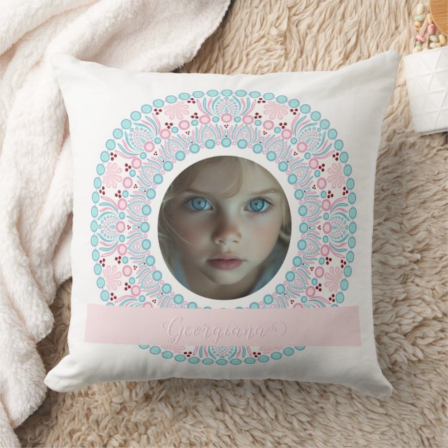 Custom Pretty Pastel Pink and Blue Mandala Frame Throw Pillow (Blanket)
