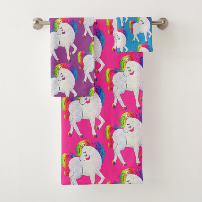 Custom Pretty Pink Purple Teal Blue Unicorn Bath Towel Set (Insitu)