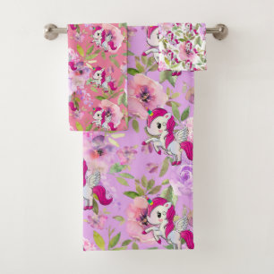Custom Pretty Pink Purple White Flowers Unicorn Bath Towel Set