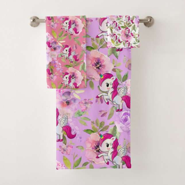 Custom Pretty Pink Purple White Flowers Unicorn Bath Towel Set (Insitu)
