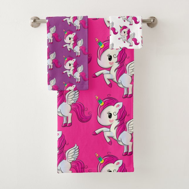 Custom Pretty Pink Purple White Rainbow Unicorn Bath Towel Set (Insitu)