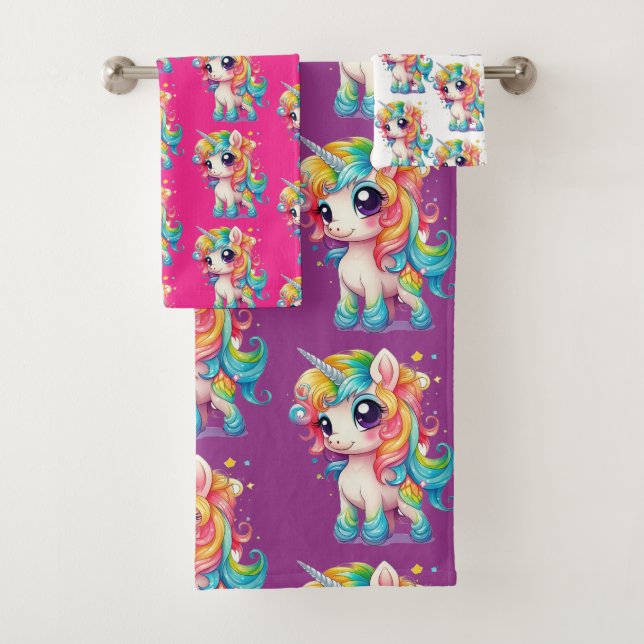 Custom Pretty Pink Purple White Rainbow Unicorn Bath Towel Set (Insitu)