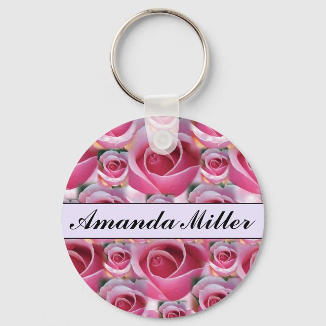 Custom Pretty Pink Roses Name, Initials Keychain (Front)