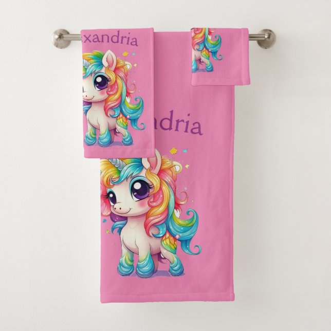 Custom Pretty Pink Unicorn Bath Towel Set (Insitu)