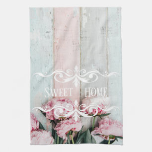 Custom pretty rustic wood Pink Blue paint Floral Kitchen Towel