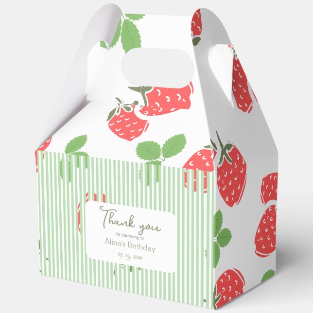 Custom pretty strawberry and stripes Green RE Favor Box (Front)