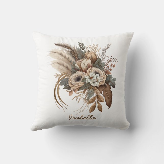Custom Pretty Watercolor Boho Beige Floral Throw Pillow (Back)